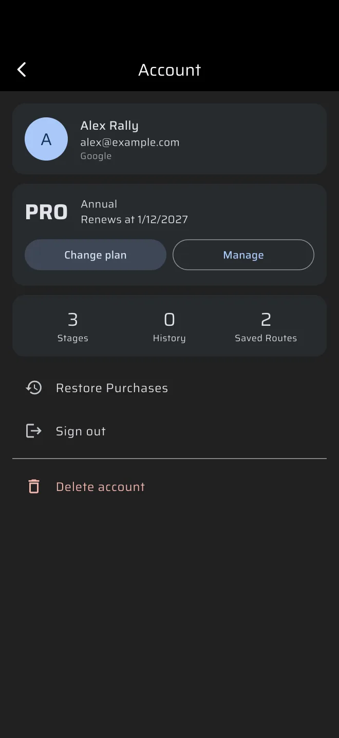 the Account screen of a signed-in Pro user