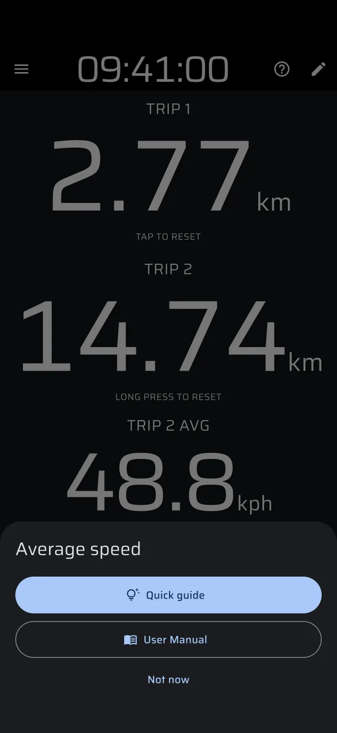 the ? sheet of Average speed: Quick guide, User Manual and Not now