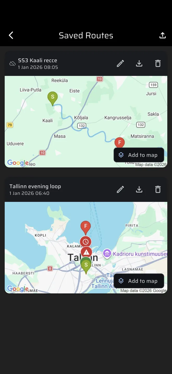 Saved Routes list with two routes, one with the cloud-off icon