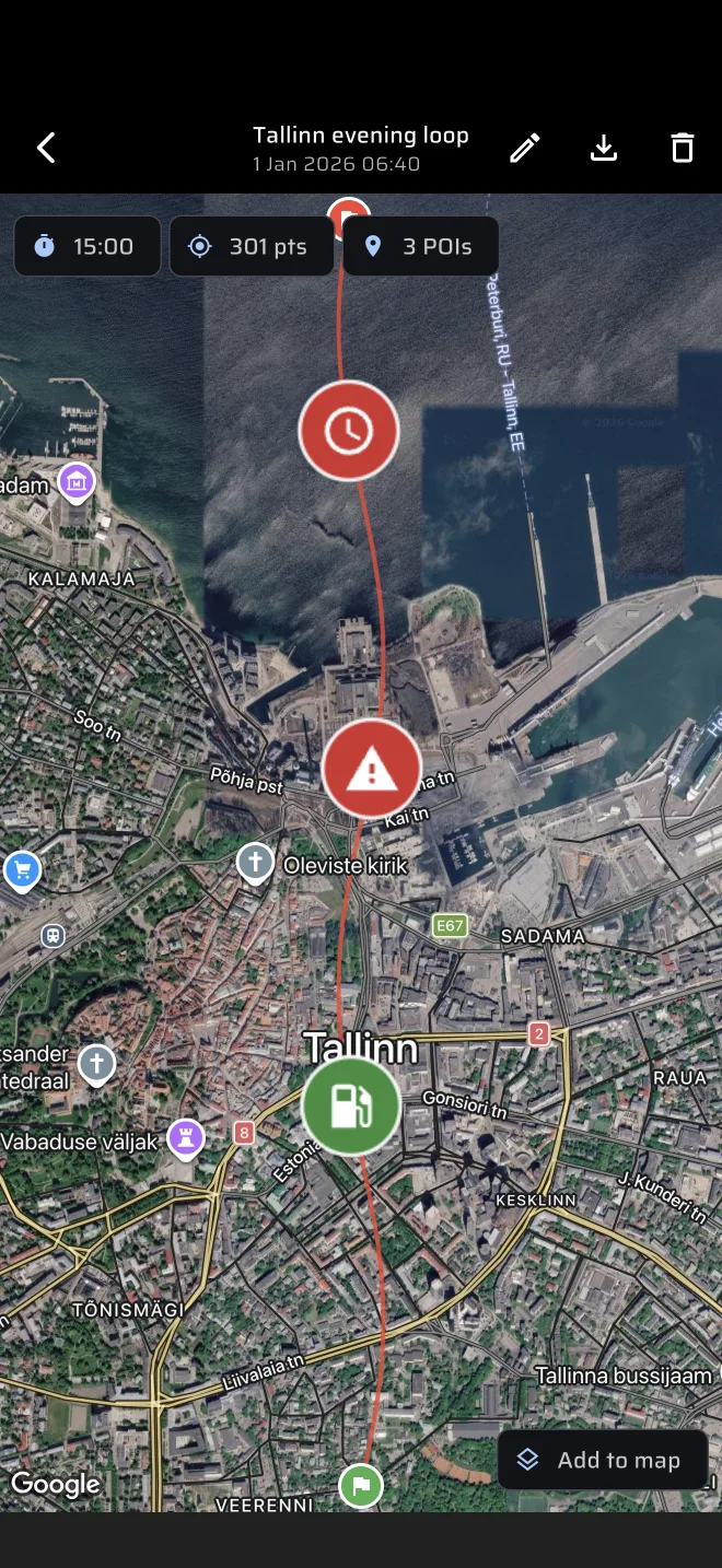 route screen with the track, chips and POI markers