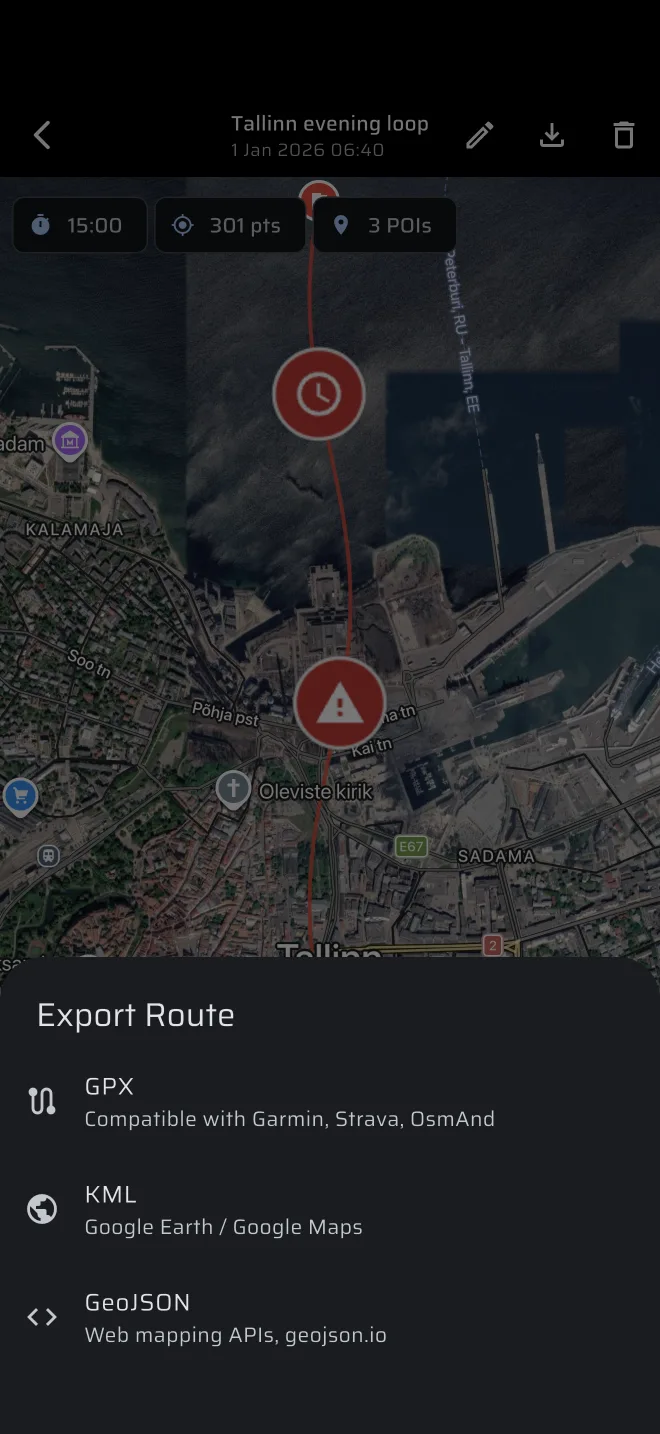 Export Route sheet with GPX, KML and GeoJSON