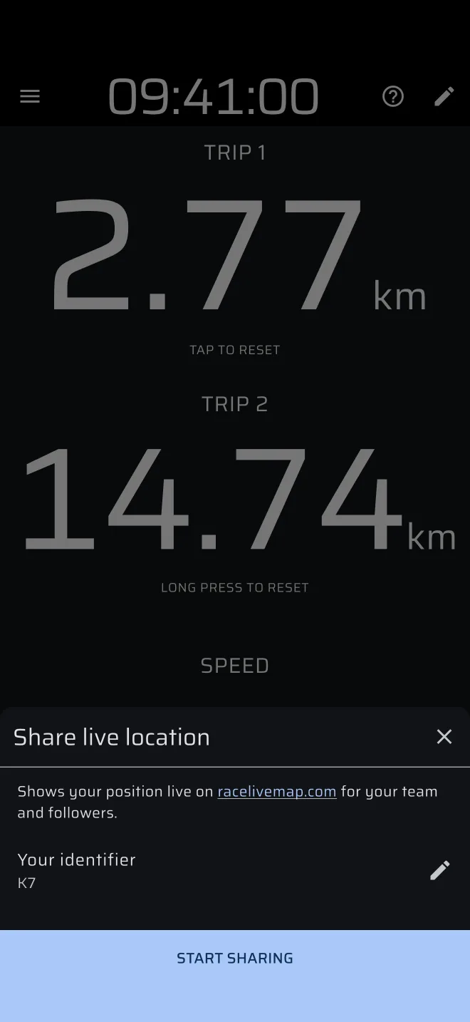the Share live location sheet with the identifier and Start sharing