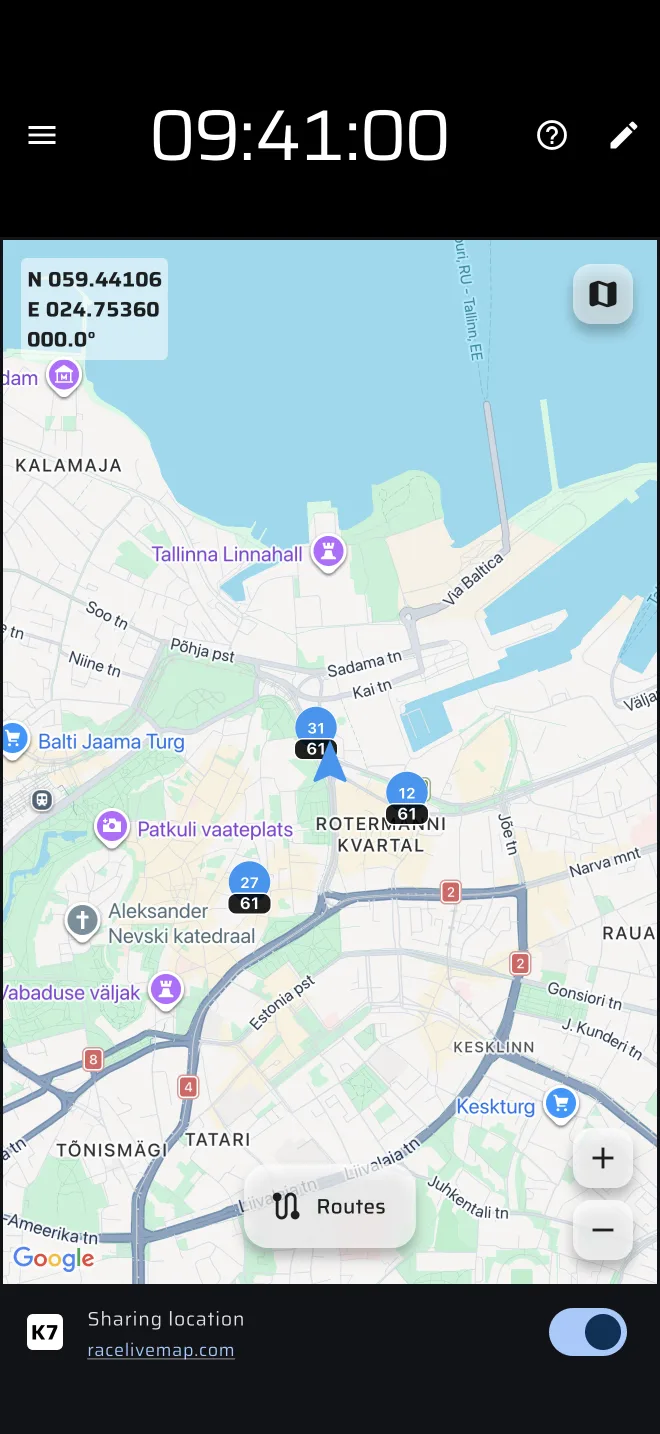 Map mode with participants and the Routes button