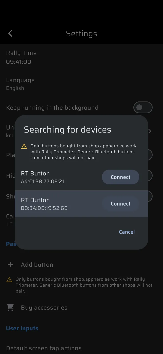 Searching for devices dialog with a lit row
