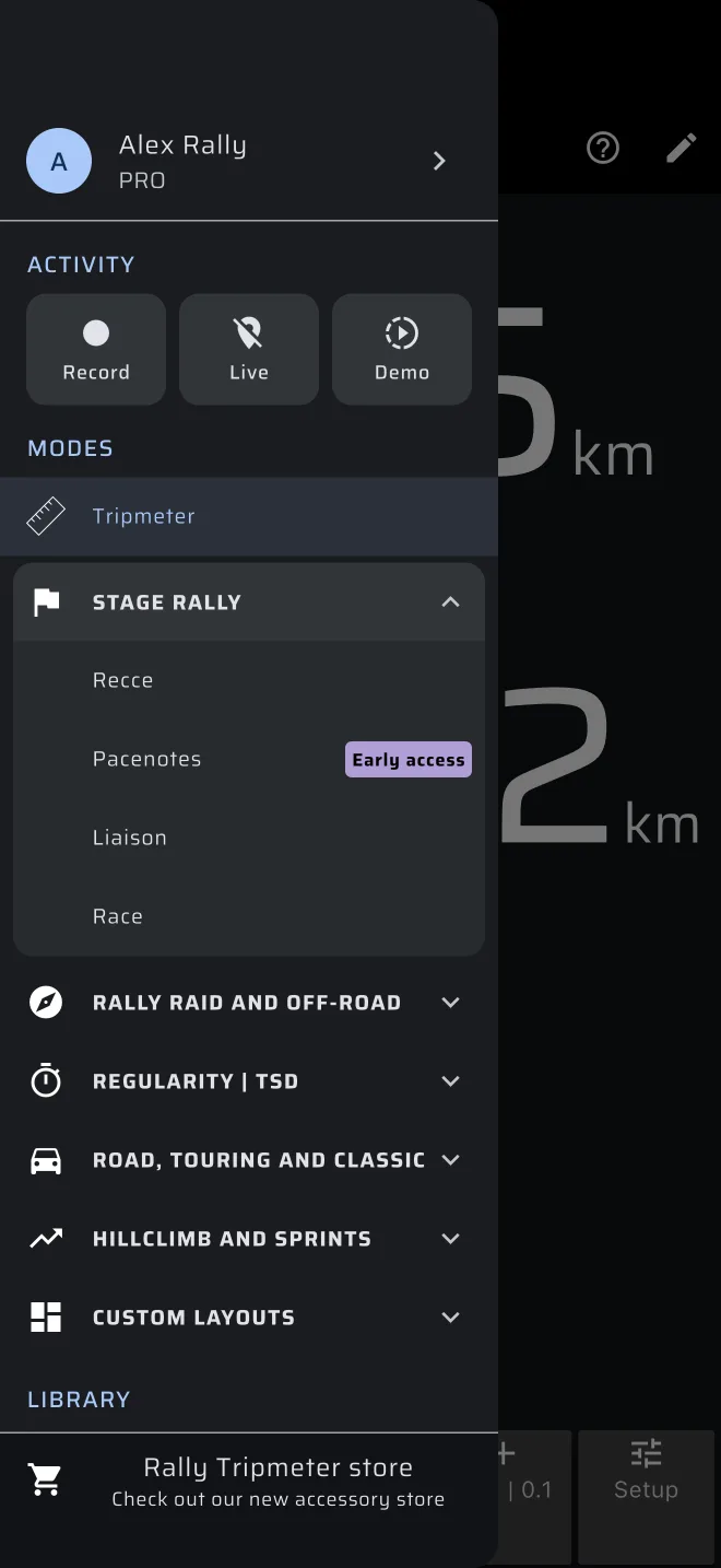 the drawer with the Stage rally group open: Pacenotes with the Early access badge