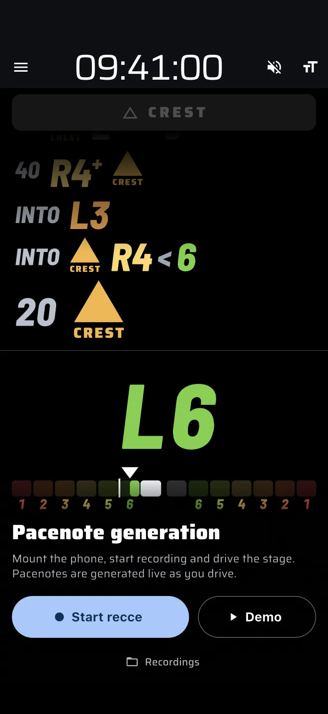Pacenotes mode start screen with Start recce, Demo and Recordings