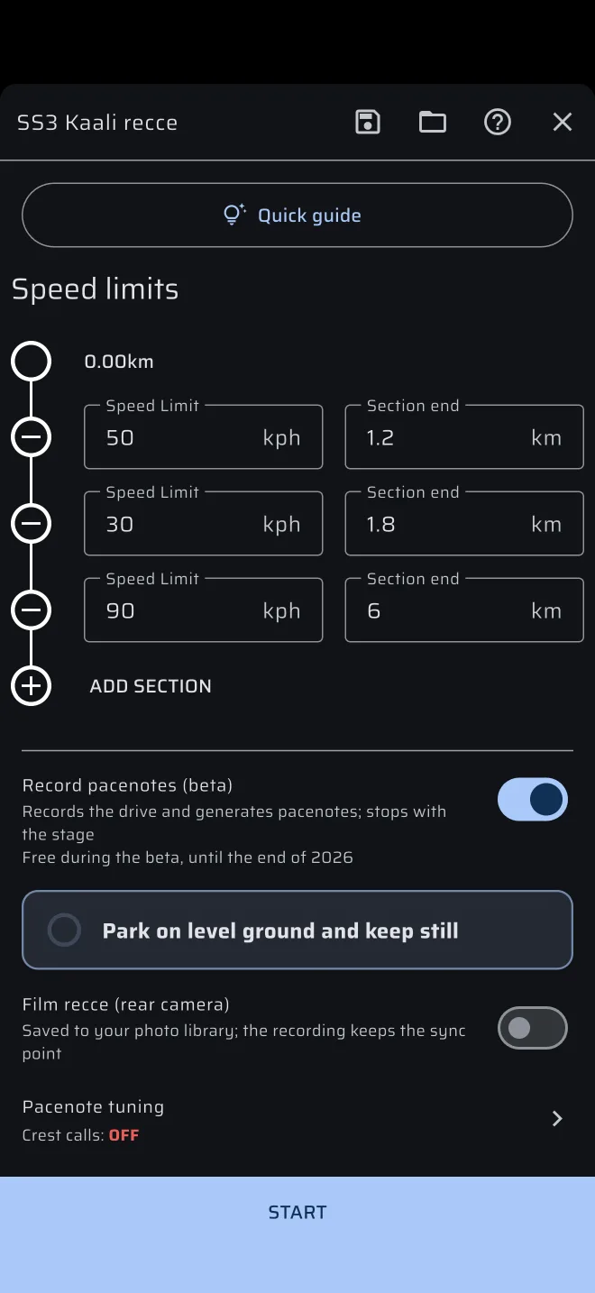 Recce stage sheet with the Record pacenotes switch on