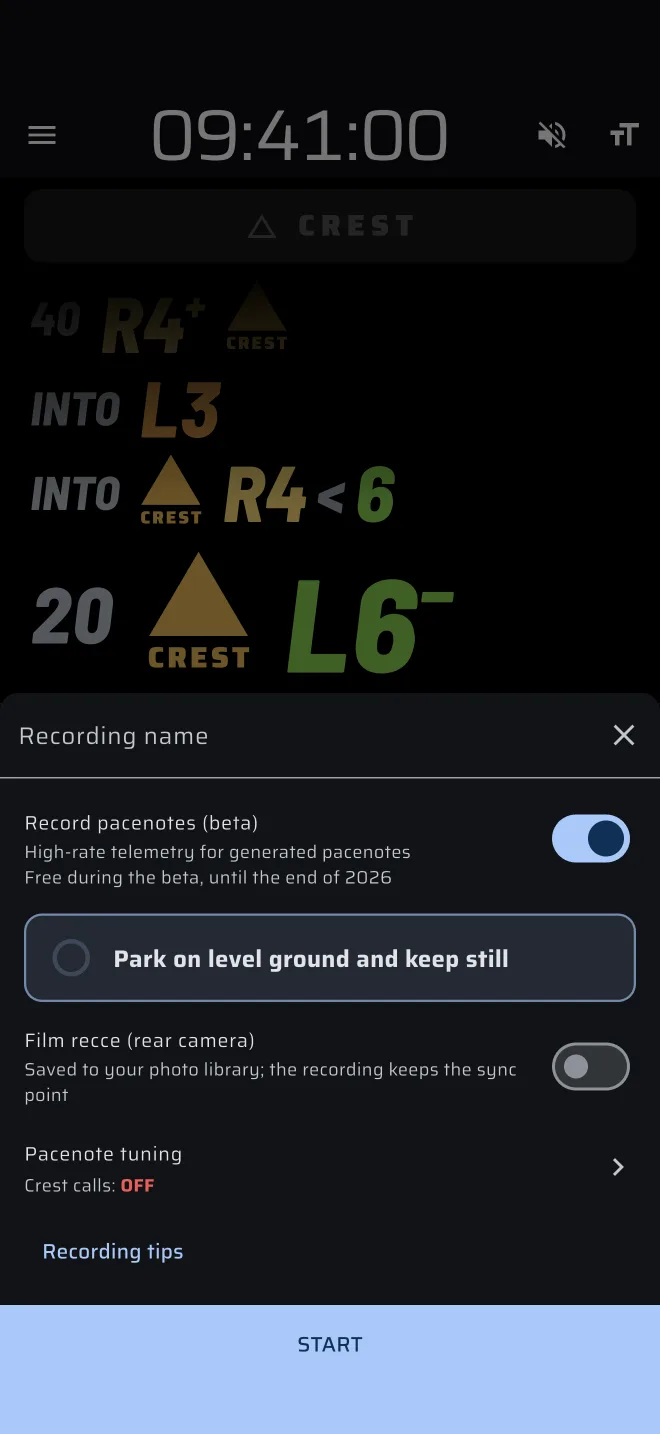 recording sheet with the pacenote options: mount tile, Film recce and tuning
