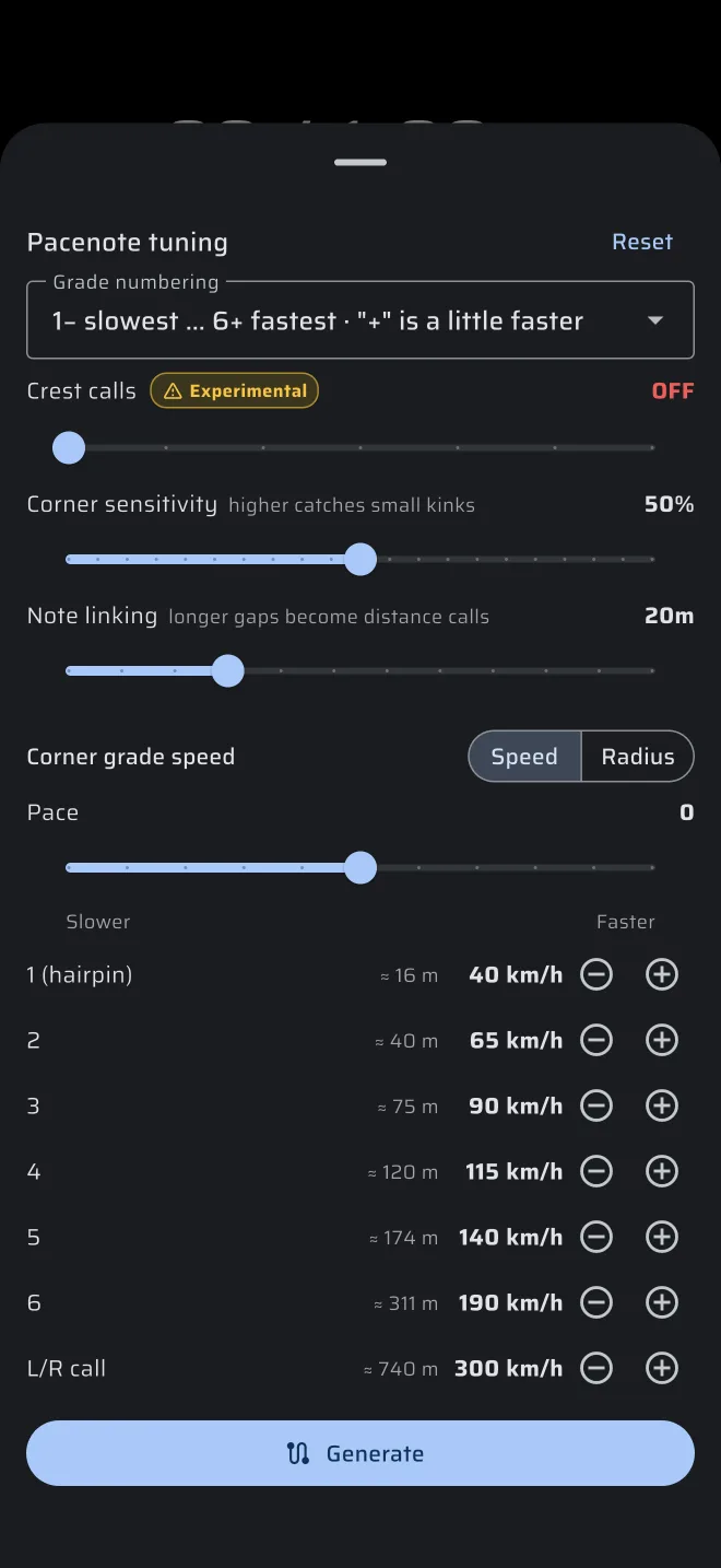 Pacenote tuning sheet