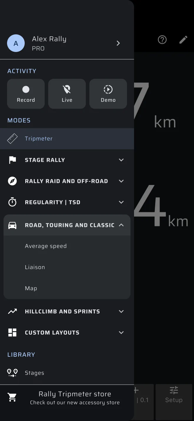 the drawer open: account header, the Activity chips and the Modes groups