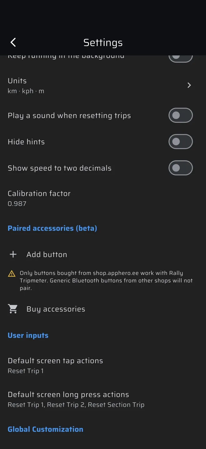 Settings, calibration factor field