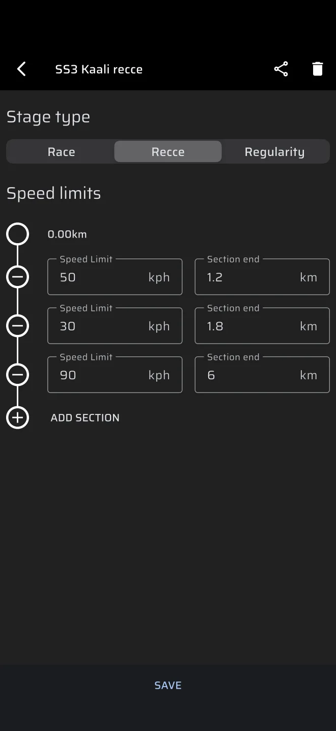 Speed limits list in the stage editor