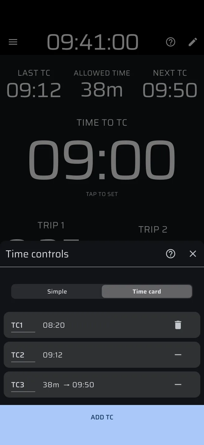 the Time controls sheet, Time card